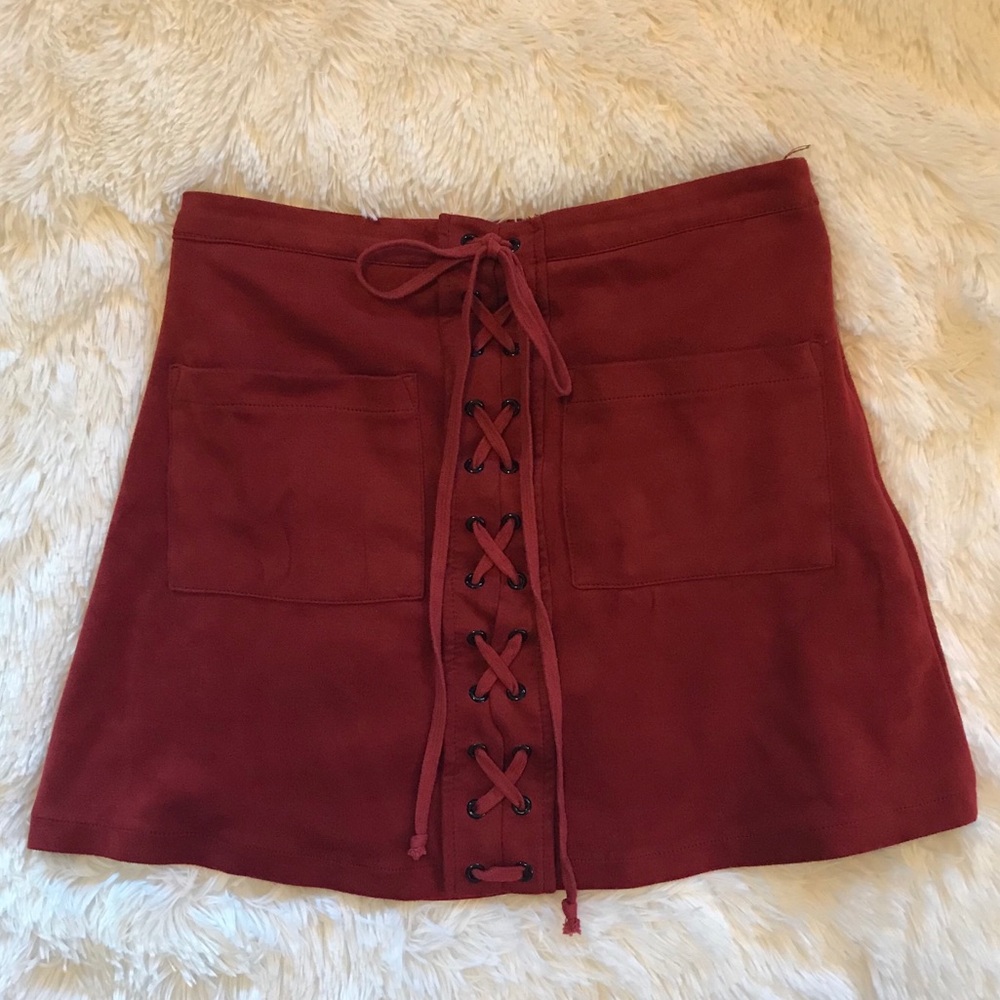 Karlie red front tie suede mini skirt